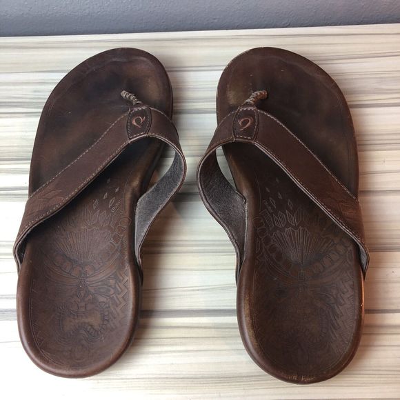Olukai Kulia Mens Flip Flops Sandals Sz 9 Eur 42 Leather Brown Slip On Thong